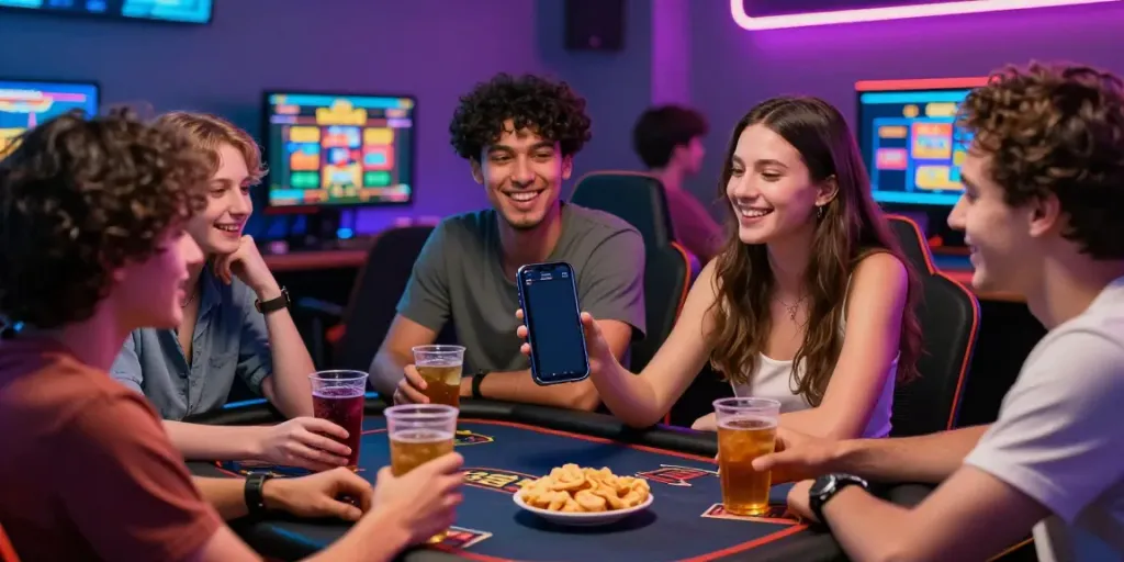 Friends discussing casino not on gamstop uk in a lively gaming lounge