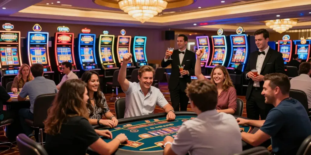 Exciting casino scene in the UK, highlighting players at tables and vibrant slot machines in a lively atmosphere of non GamStop casinos.