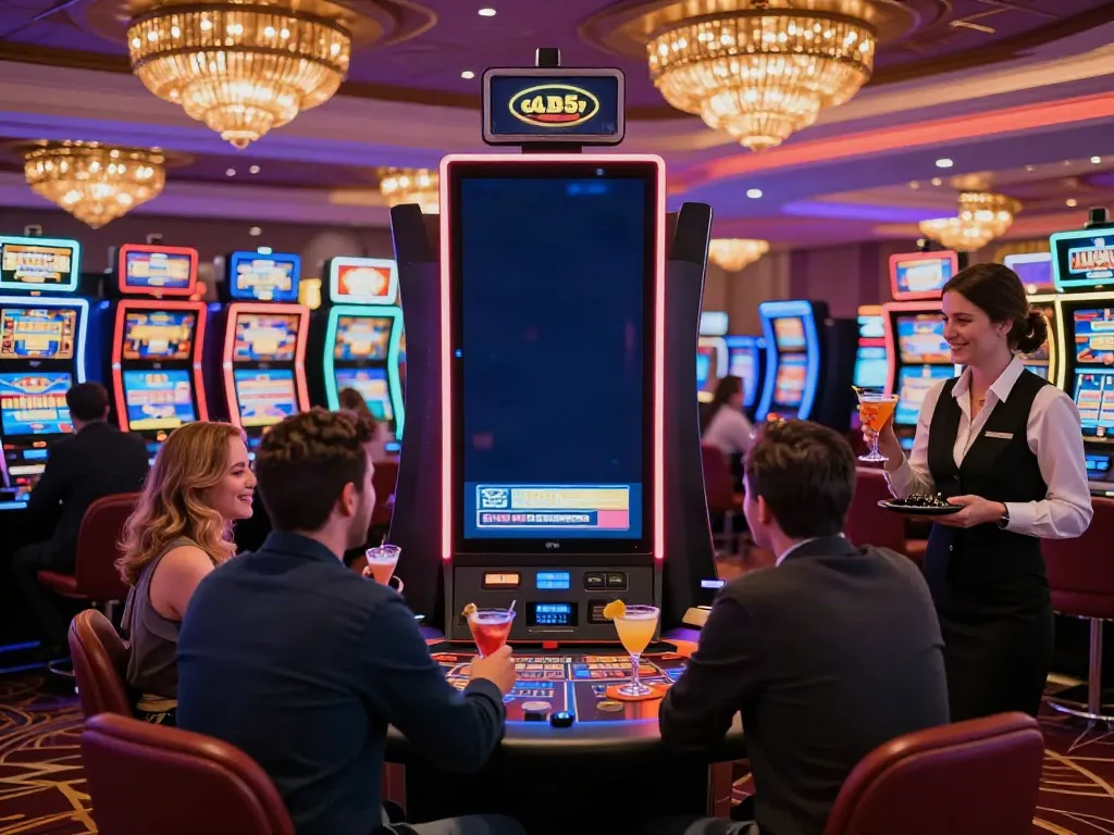 Casino not on GamStop UK vibrant gaming floor with players enjoying slot machines and tables.