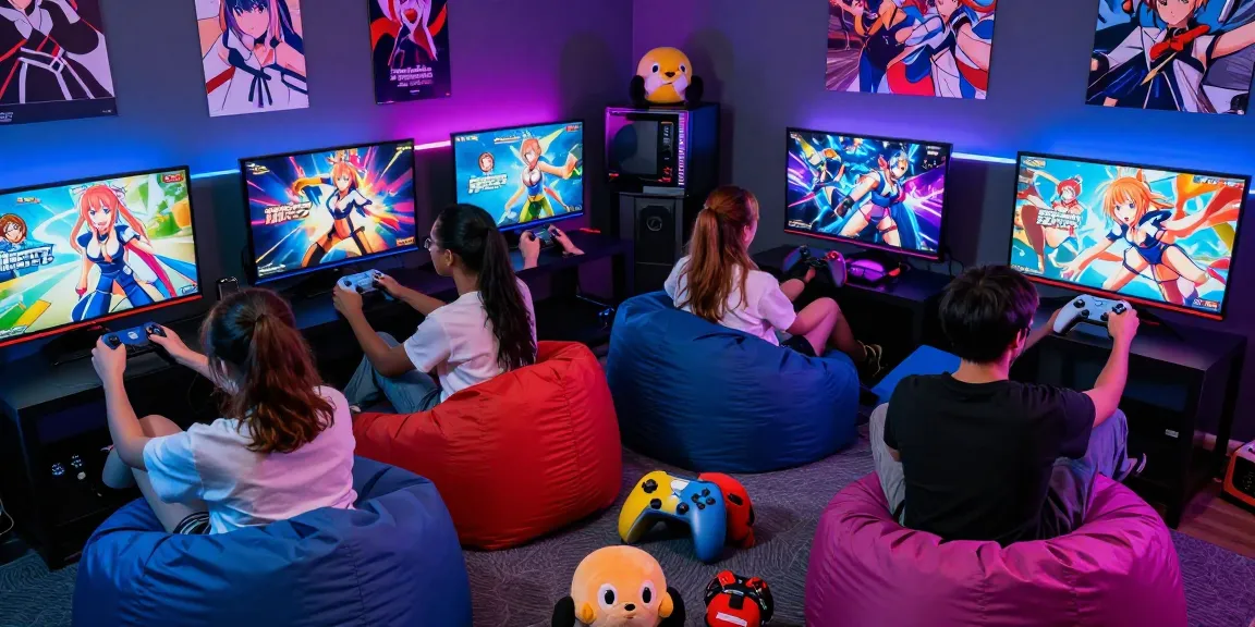 Friends engaged in exciting hentai games on a large screen in a vibrant gaming room.